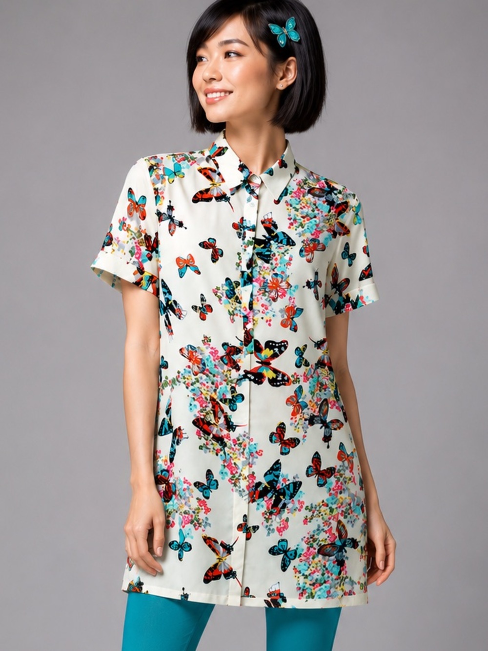 Oriental Butterfly feminine extra long looks like silk buttoned collar shirt  S
